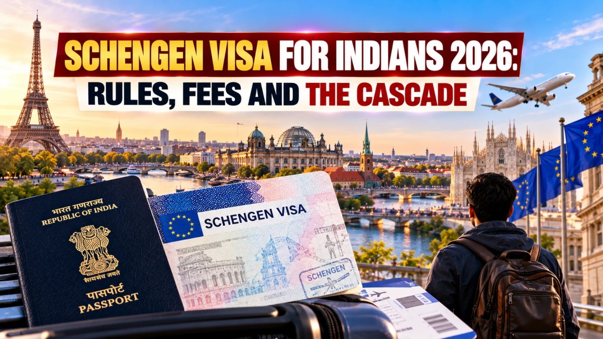 Illustration of an Indian passport and Schengen visa with European landmarks and EU flags