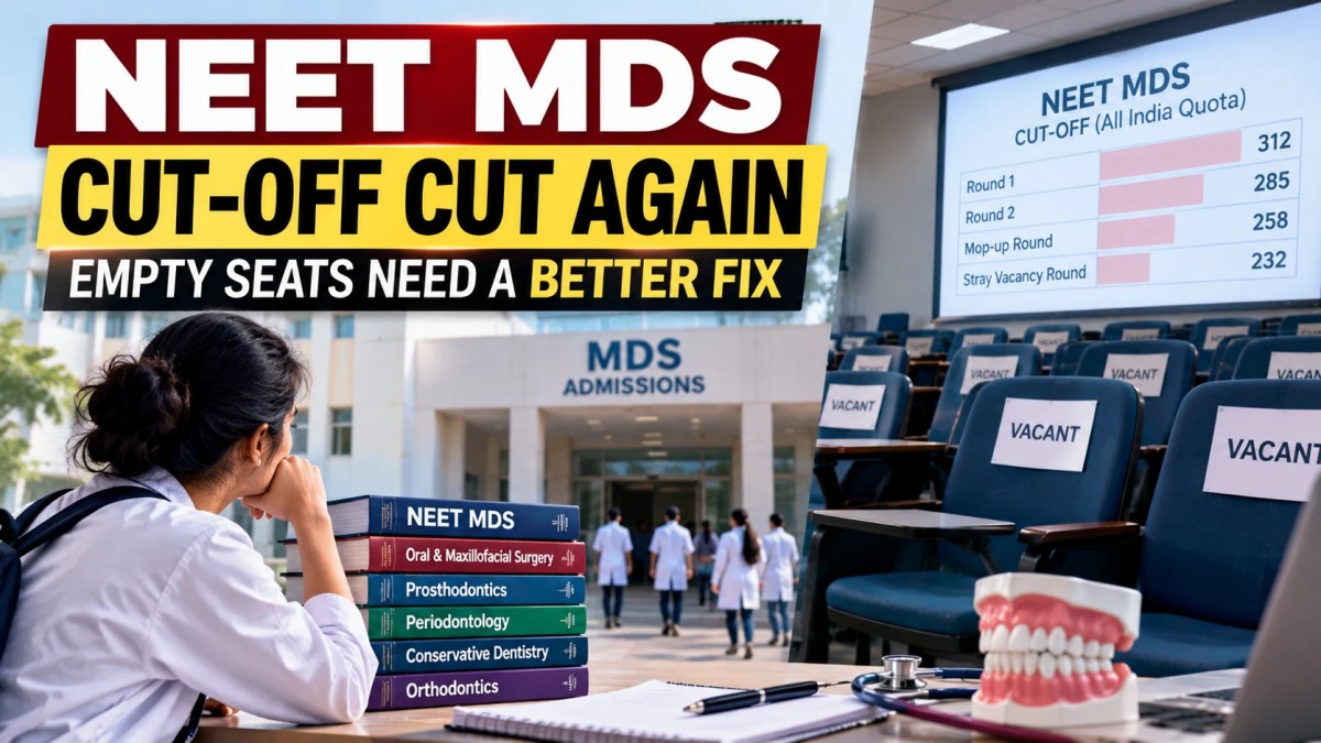 Illustration of a dental student with NEET MDS cut-off scores and empty lecture hall seats