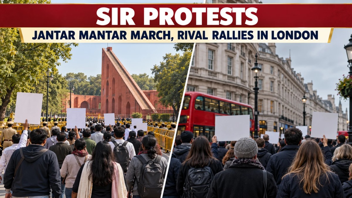 Illustration of protesters with blank placards marching toward Jantar Mantar in Delhi, beside a rally on a London street