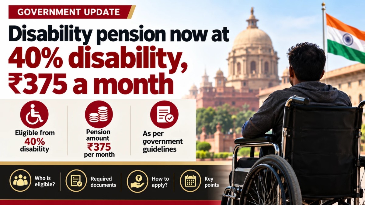 Illustration of a person in a wheelchair near a government building with the Indian flag
