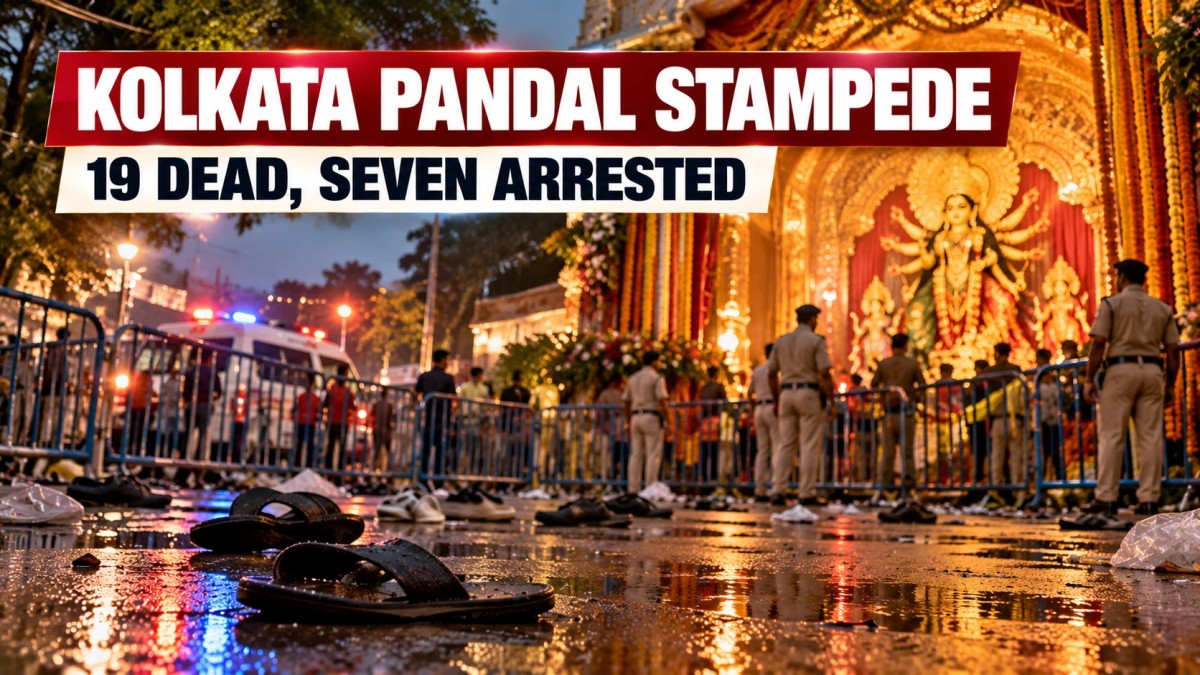 Illustration of a barricaded Durga Puja pandal at night with police and abandoned footwear on a wet road
