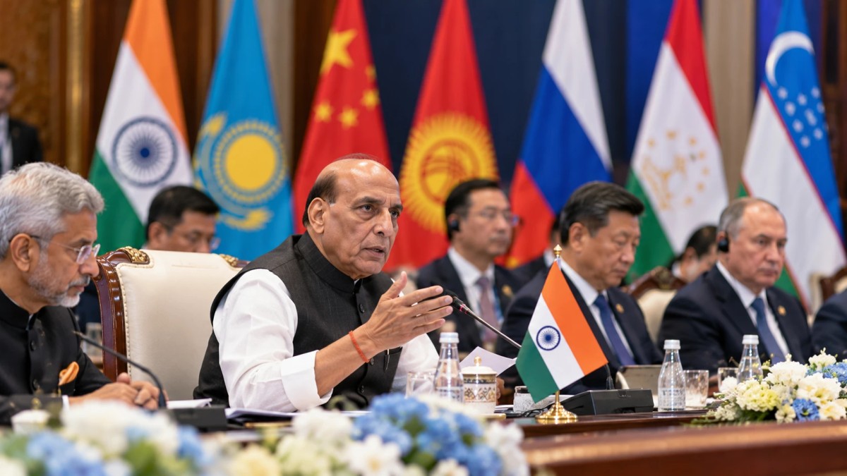 Illustration of delegates at a conference table in front of national flags of SCO member countries