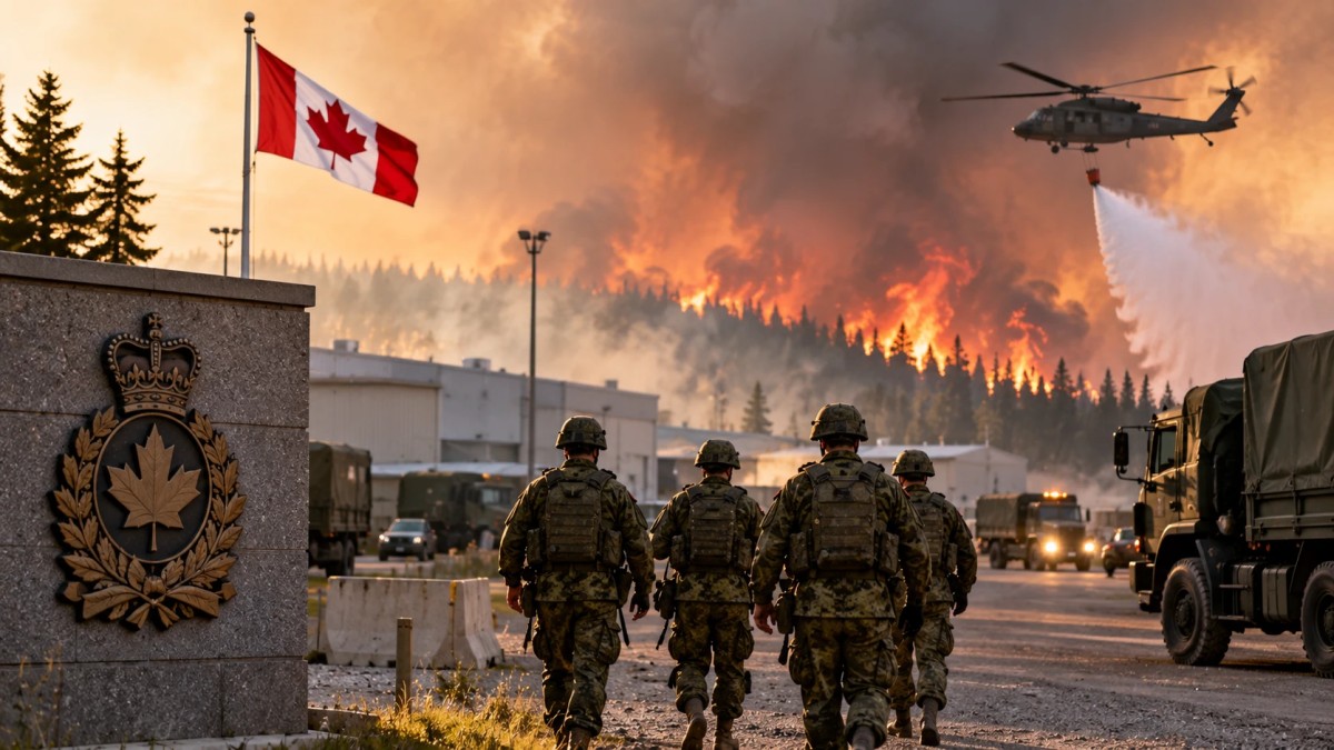 Illustration of soldiers seen from behind walking past a base sign as smoke and flames rise beyond the buildings