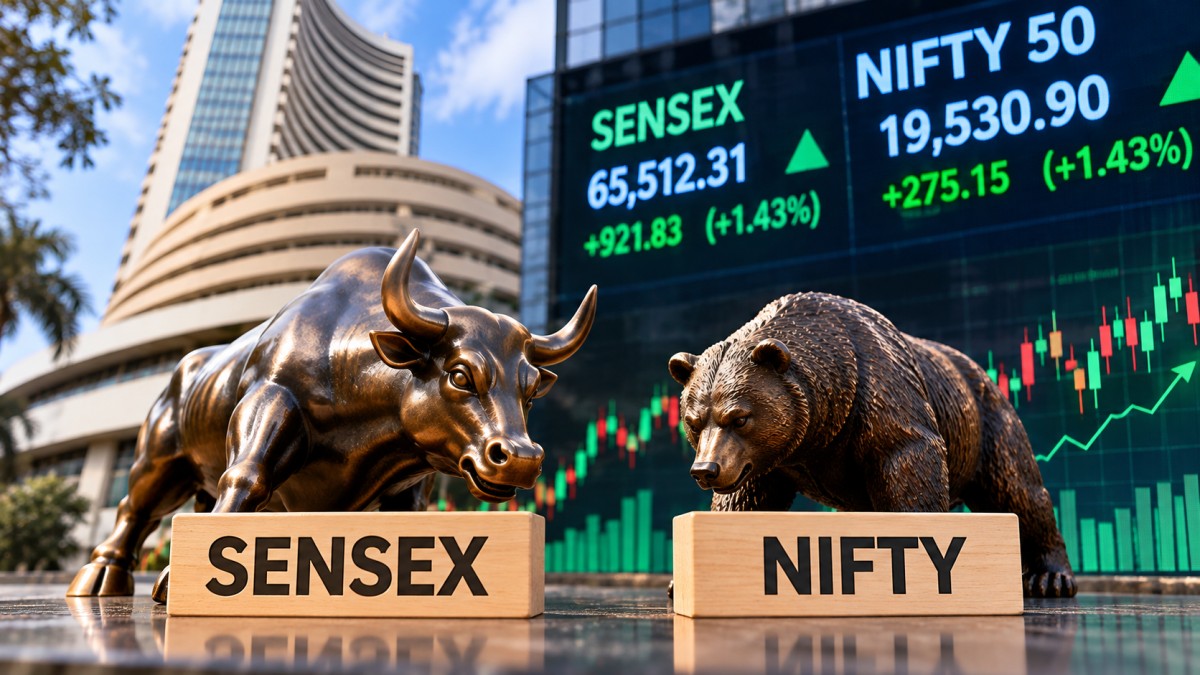Bull and bear statues beside Sensex and Nifty blocks, with a market screen behind.