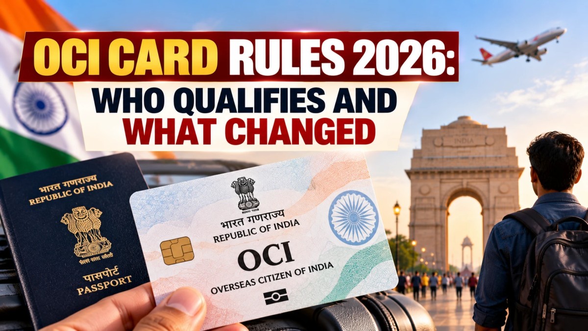 Illustration of an OCI card and Indian passport held in front of India Gate