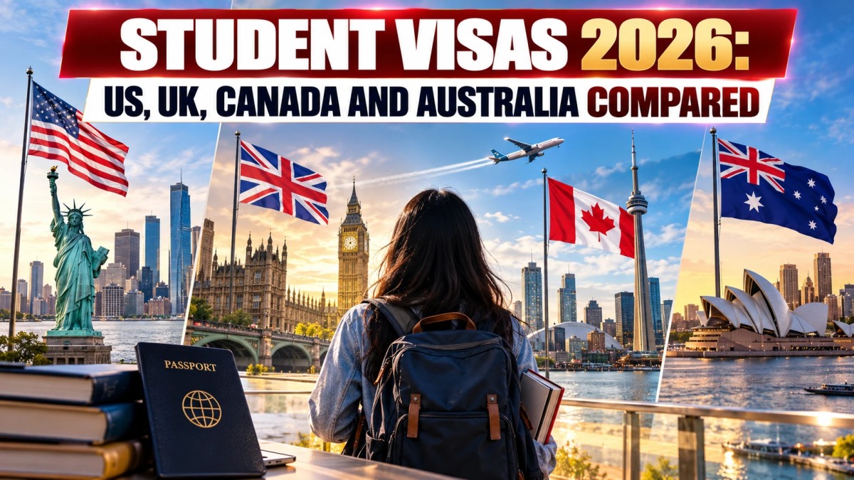 Illustration of a student with a backpack facing landmarks of the US, UK, Canada and Australia