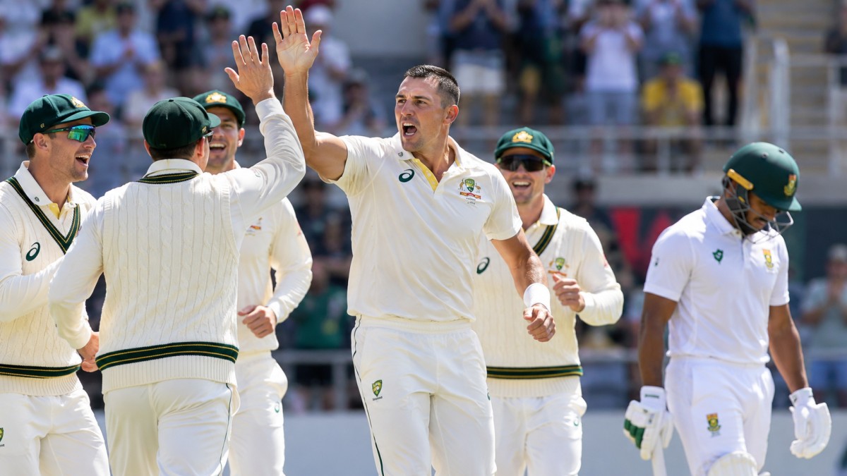 Illustration of Australian Test cricketers celebrating a wicket as a South African batter walks off