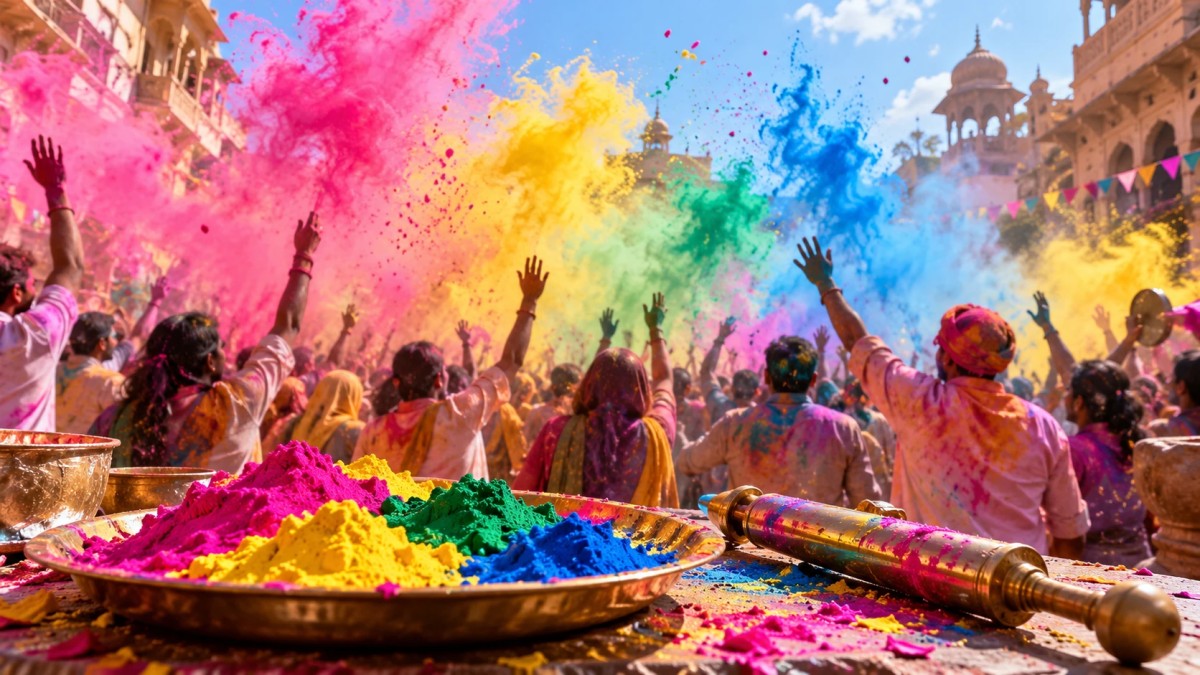 Illustration of coloured powder thrown into the air during Holi