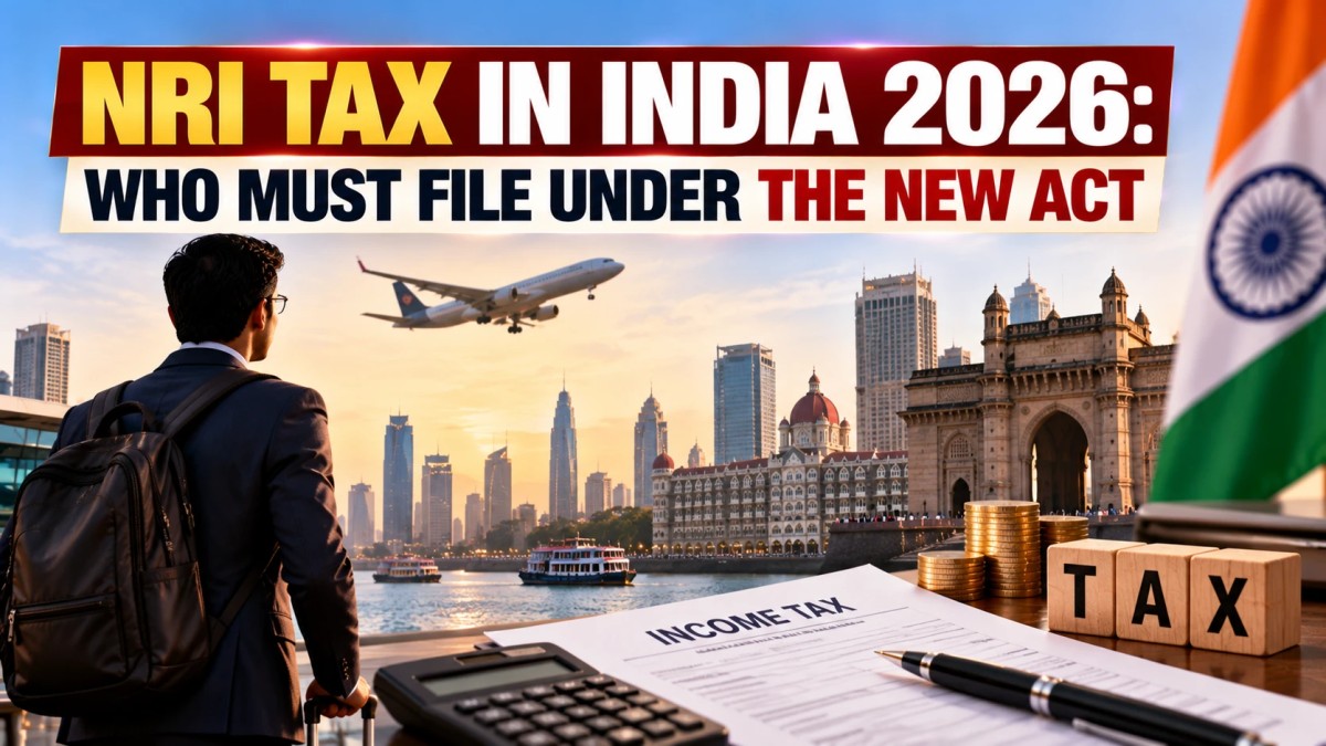 Illustration of an NRI traveller facing the Mumbai waterfront with an income tax form and calculator