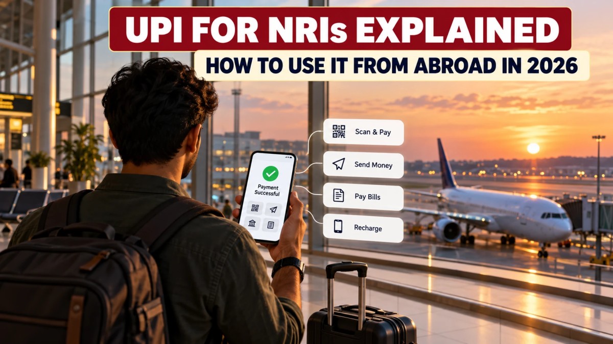 Illustration of a traveller at an airport window checking a successful payment on a phone, with payment options beside it