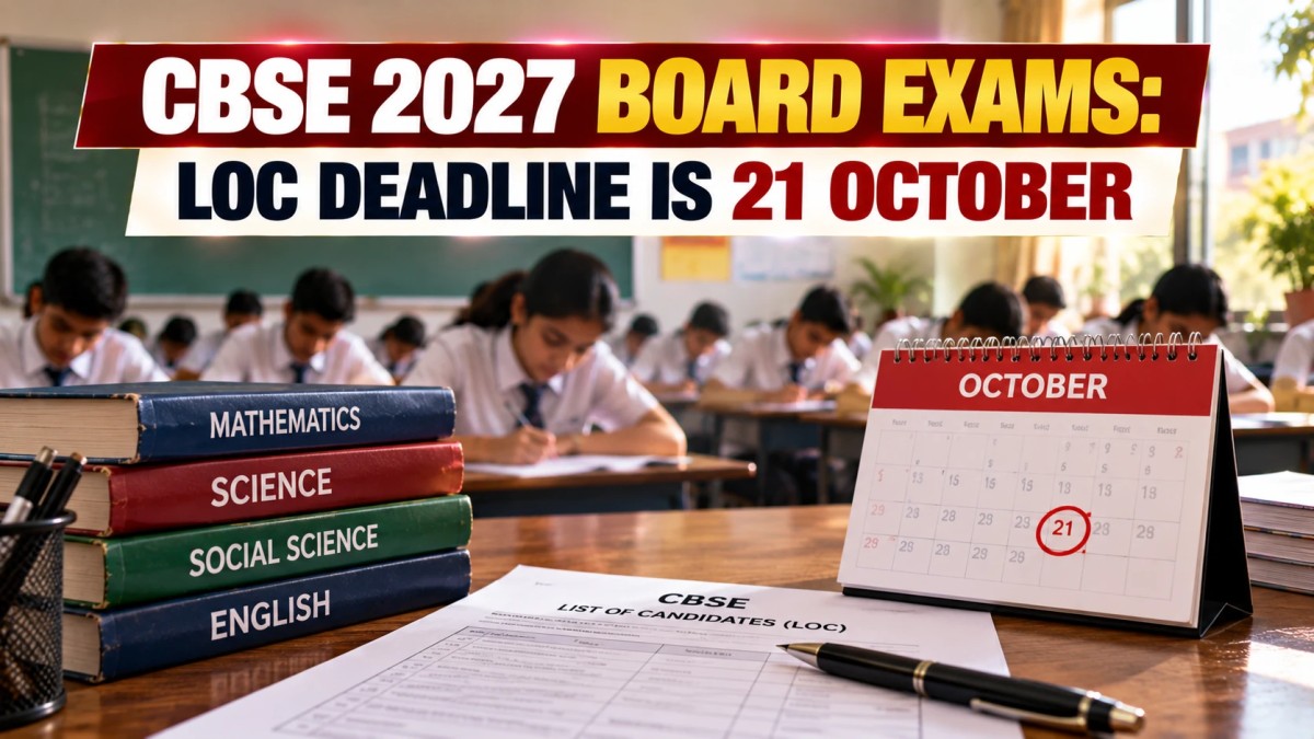 Illustration of students in an exam hall with textbooks, a CBSE list of candidates form and a calendar marking 21 October