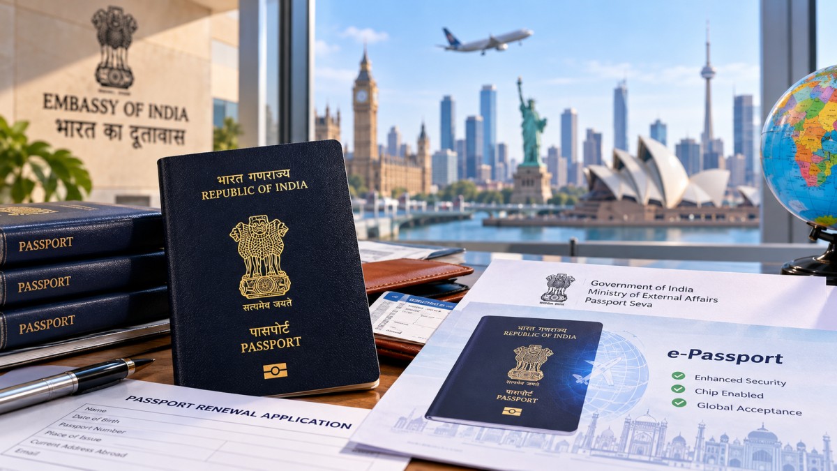 An Indian passport and a renewal form on a desk, with world landmarks seen through the window.