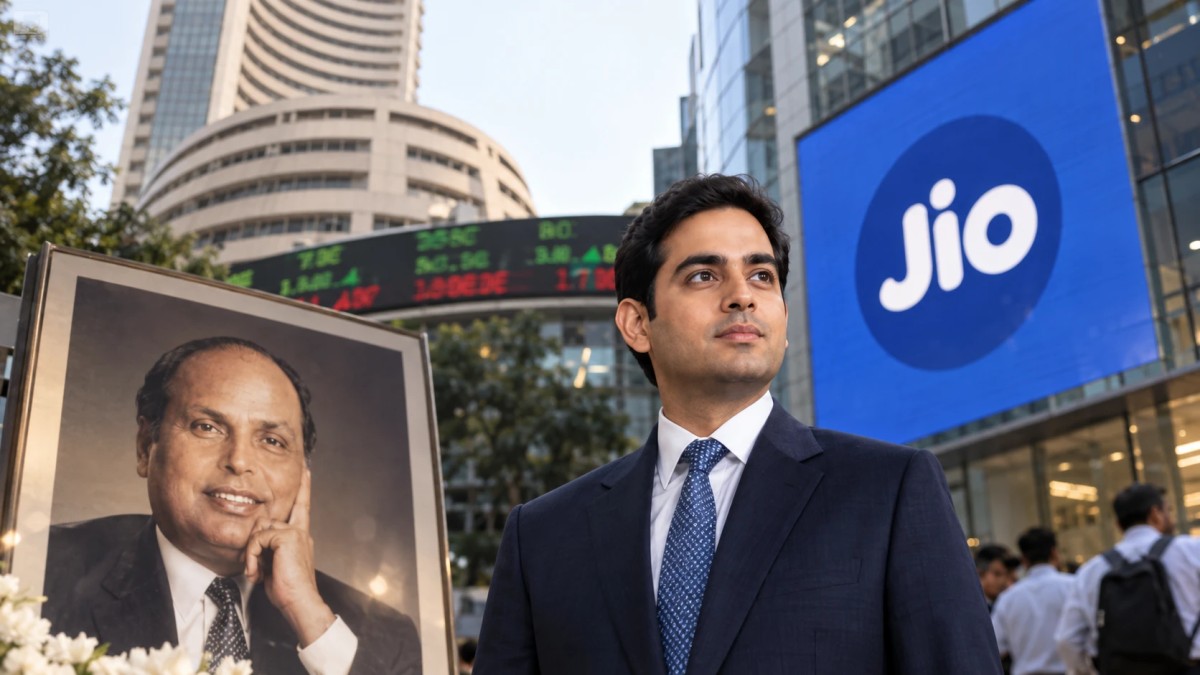 Illustration of a young executive outside a stock exchange building beside a framed portrait and a large Jio sign