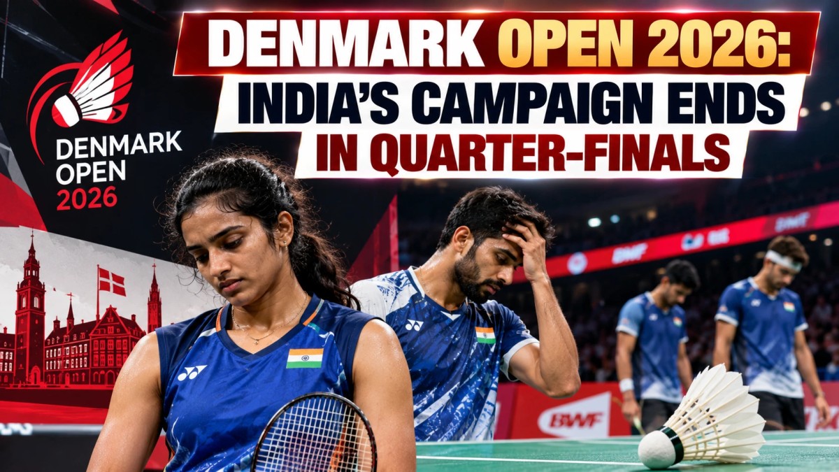 Illustration of disappointed Indian badminton players on court at the Denmark Open