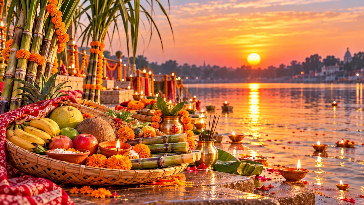 Illustration of Chhath offerings in bamboo baskets on a riverbank at sunset