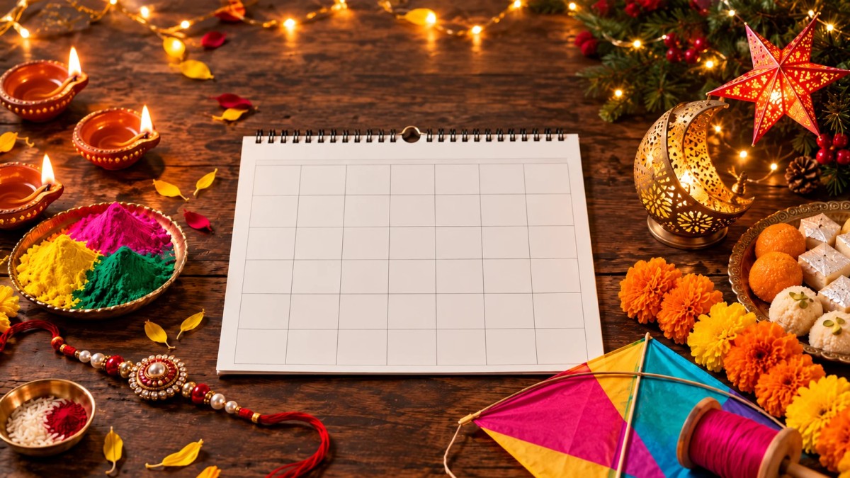 Illustration of festive objects from Indian festivals arranged around a blank calendar