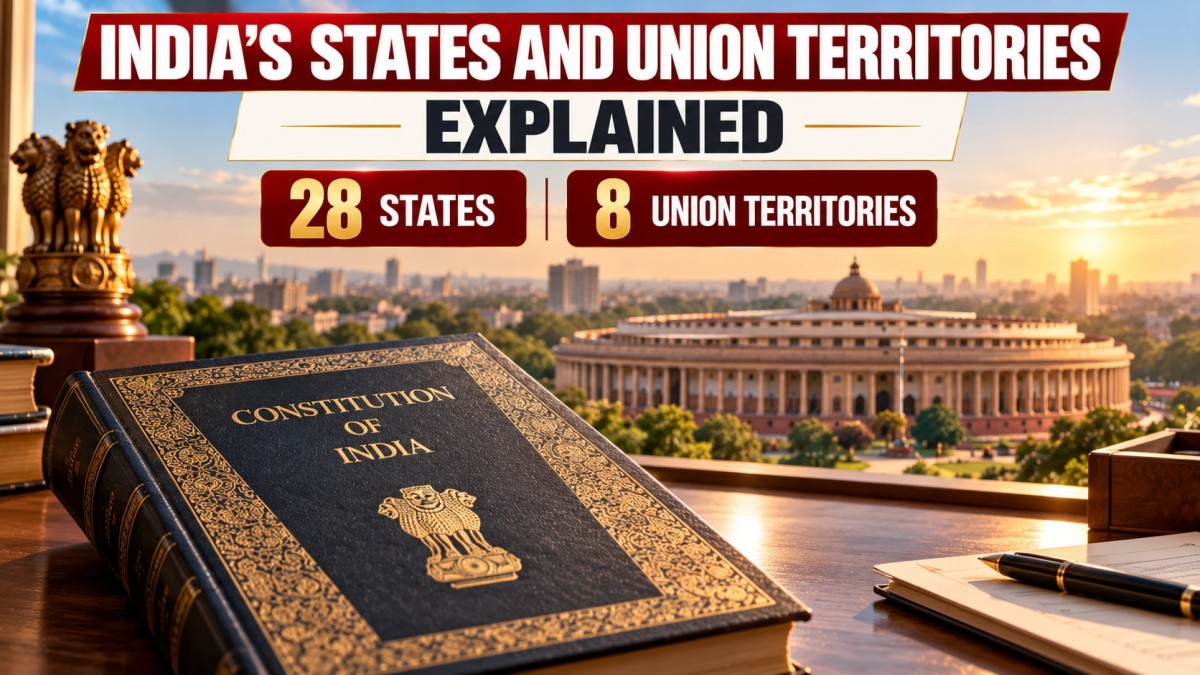 Illustration of the Constitution of India on a desk with Parliament House behind and labels for 28 states and 8 union territories