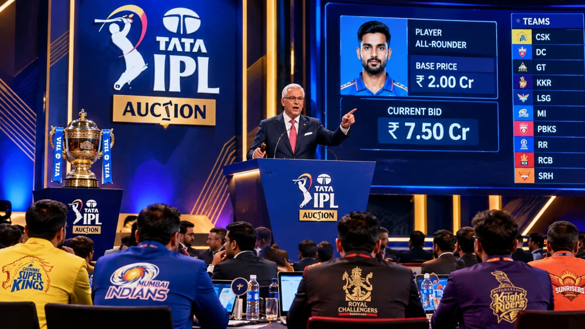 An auctioneer at a podium during a cricket player auction, with franchise tables in front.
