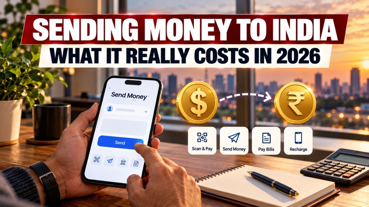 Illustration of hands using a money transfer app on a phone, with dollar and rupee coins joined by an arrow