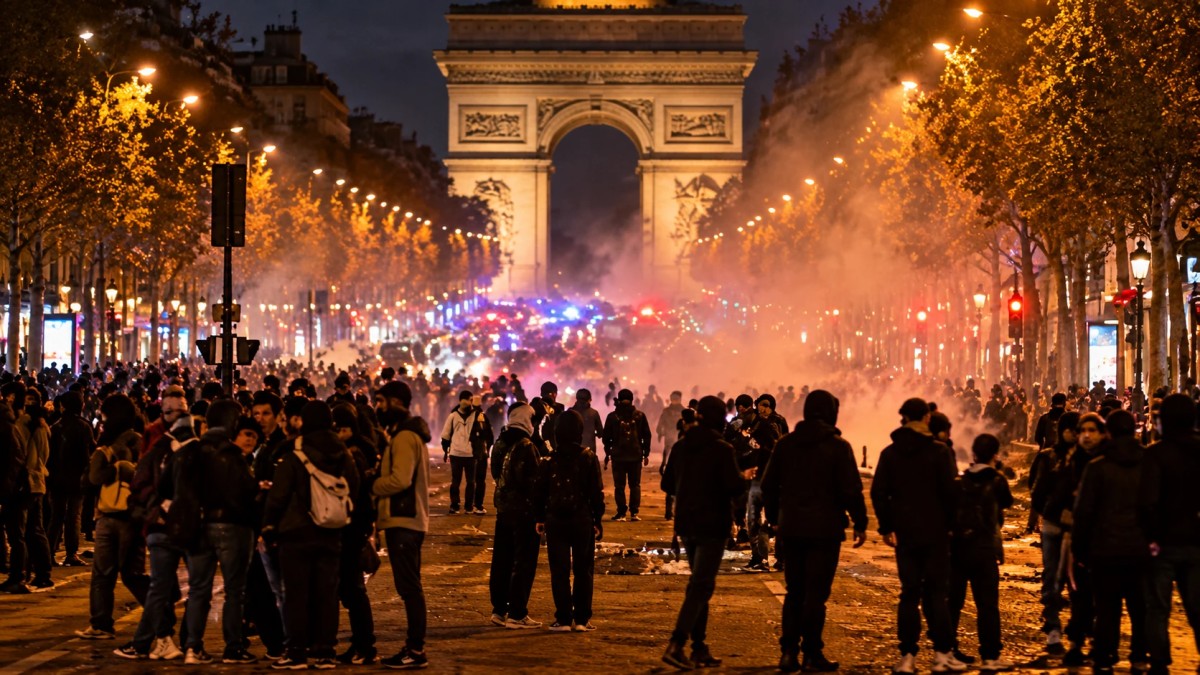 Illustration of crowds and smoke on a Paris avenue at night with the Arc de Triomphe in the background