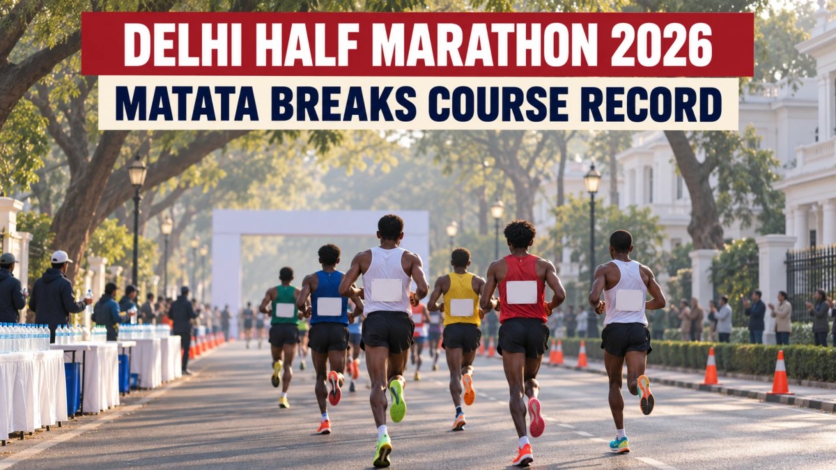Illustration of runners seen from behind on a tree-lined Delhi road heading toward a finish arch