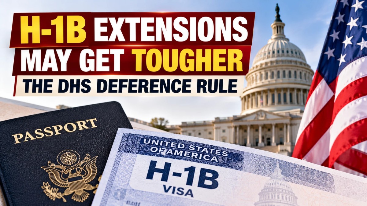 Illustration of an H-1B visa document and passport in front of the US Capitol building