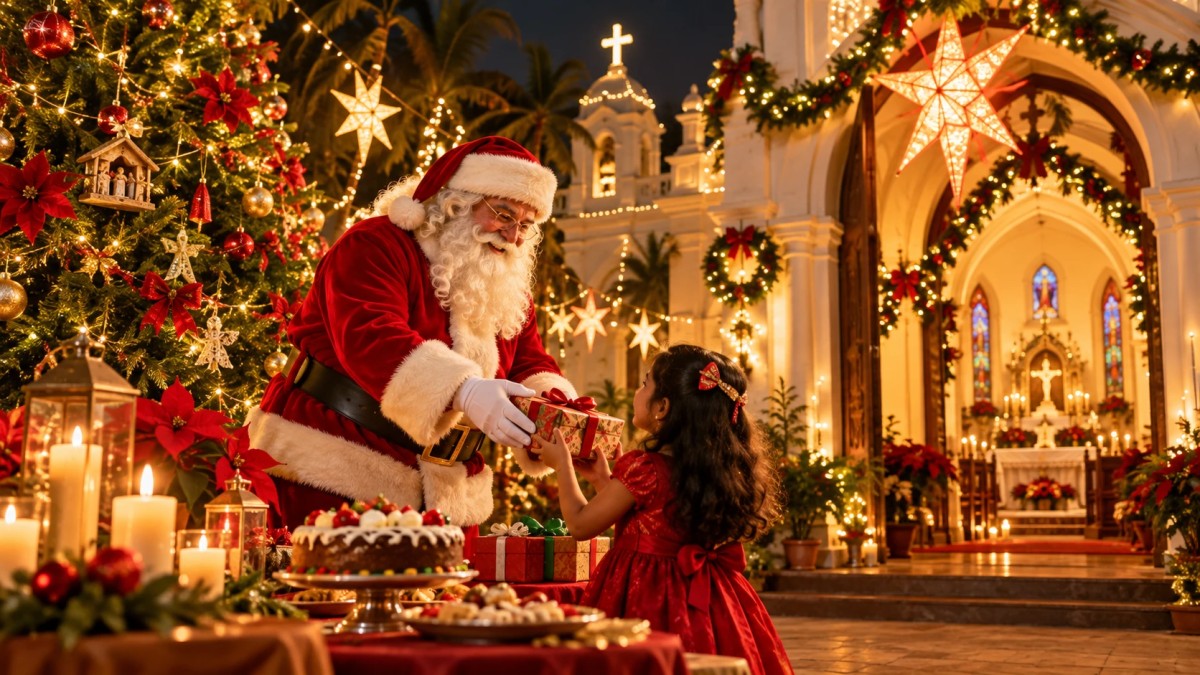 Illustration of Santa Claus giving a gift to a child outside a decorated church