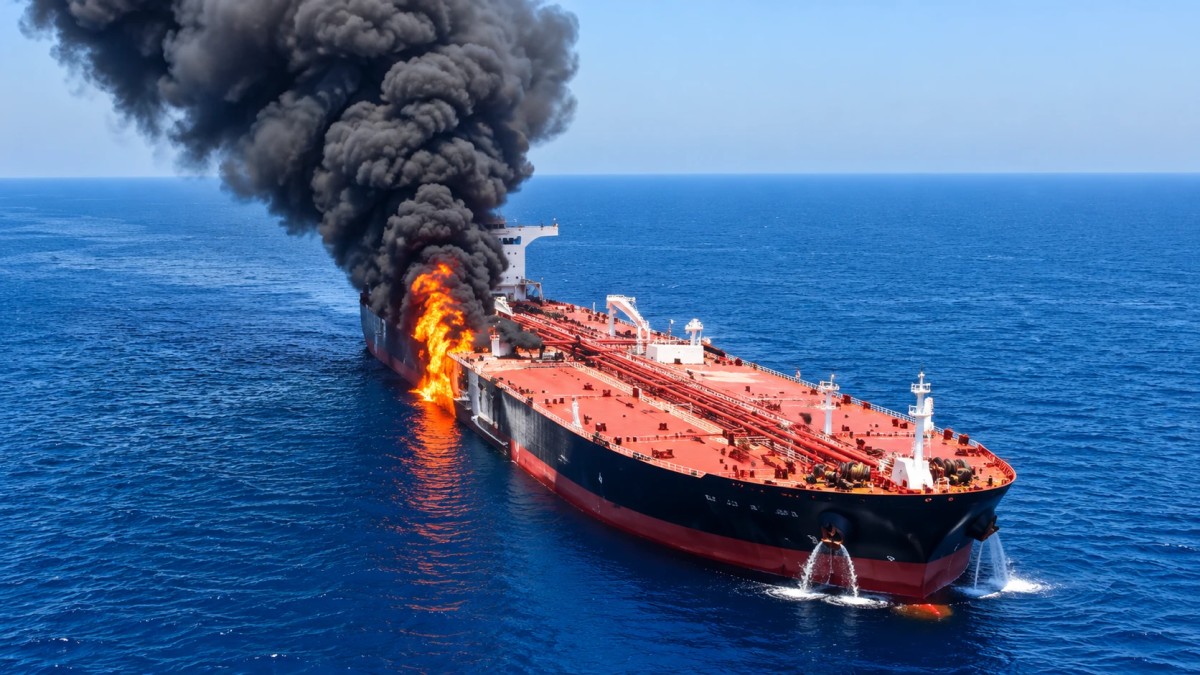Illustration of an oil tanker at sea with smoke and fire on deck