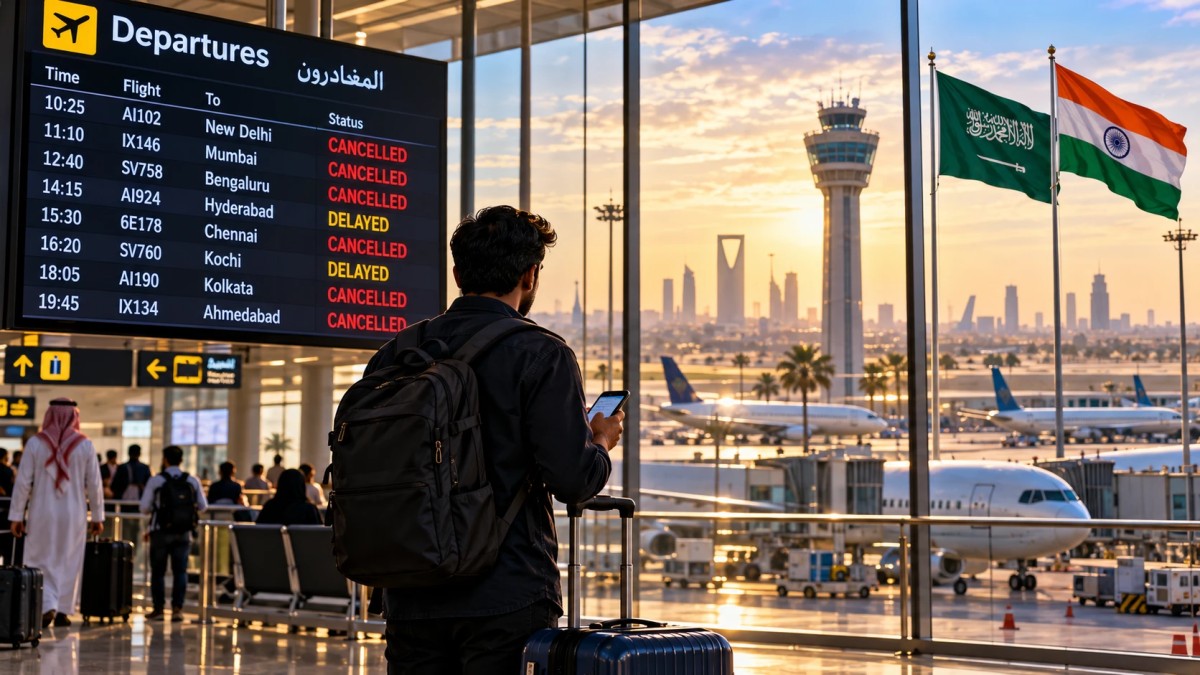 Illustration of a traveller checking a departure board with cancelled Indian flights at an airport