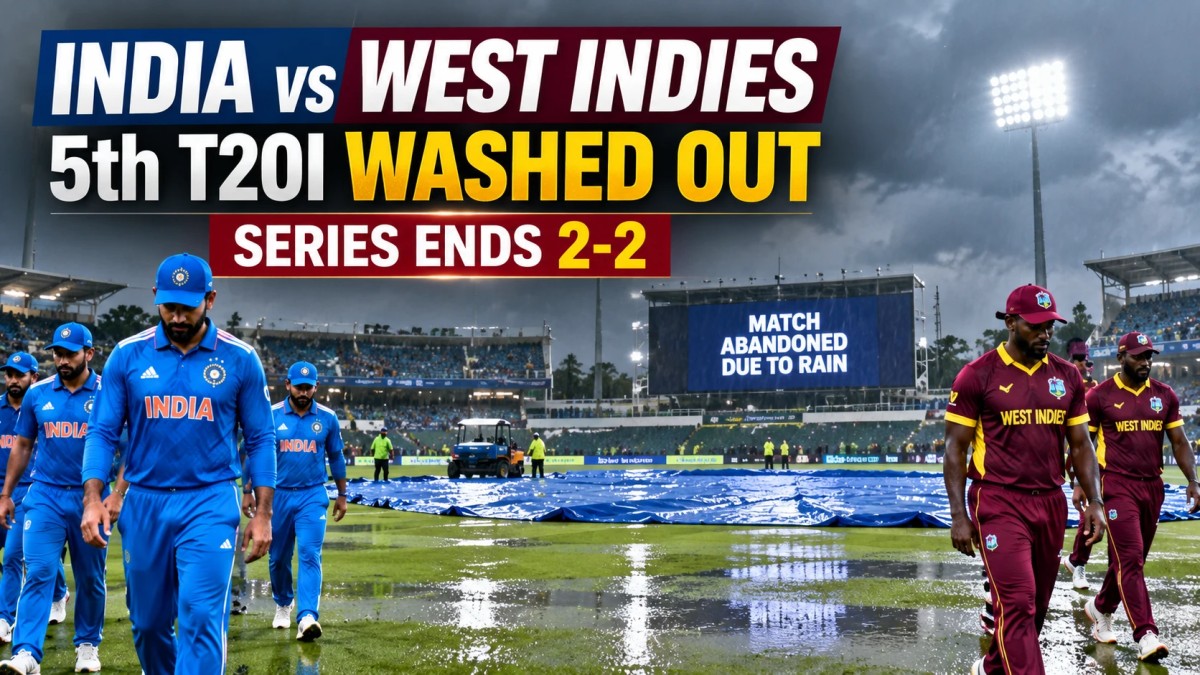 Illustration of cricket players walking off a rain-soaked pitch with a Match Abandoned sign