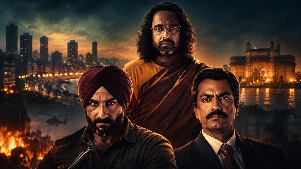 Illustration of three characters in front of the Mumbai skyline at night in a dramatic poster style