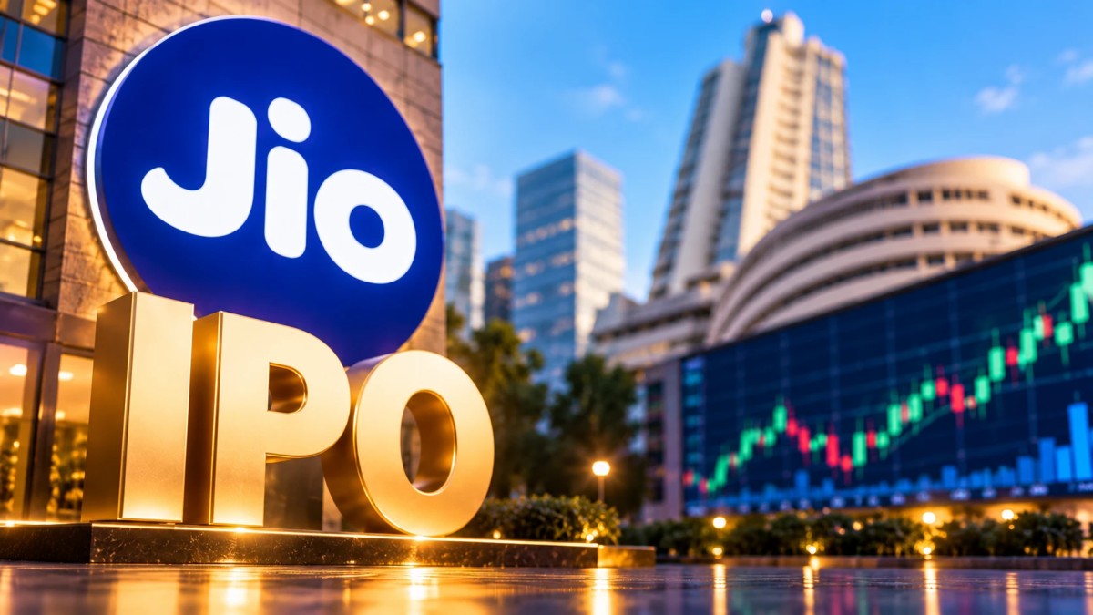 Illustration of a Jio sign and large golden IPO letters outside a stock exchange building with a rising market chart