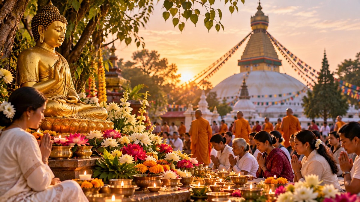 Illustration of devotees offering lamps and flowers before a Buddha statue and a stupa
