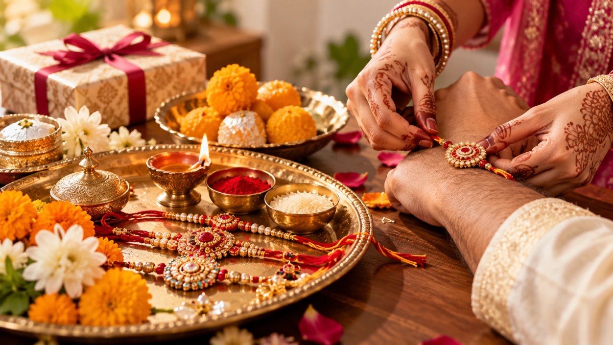 Illustration of hands tying a rakhi beside a decorated thali