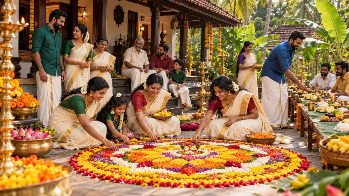 Illustration of a family laying a flower pookalam outside a Kerala home