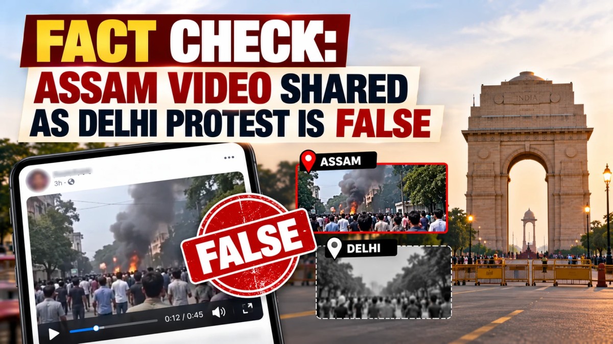 Illustration of a social media video marked False, comparing an Assam scene with a Delhi label beside India Gate