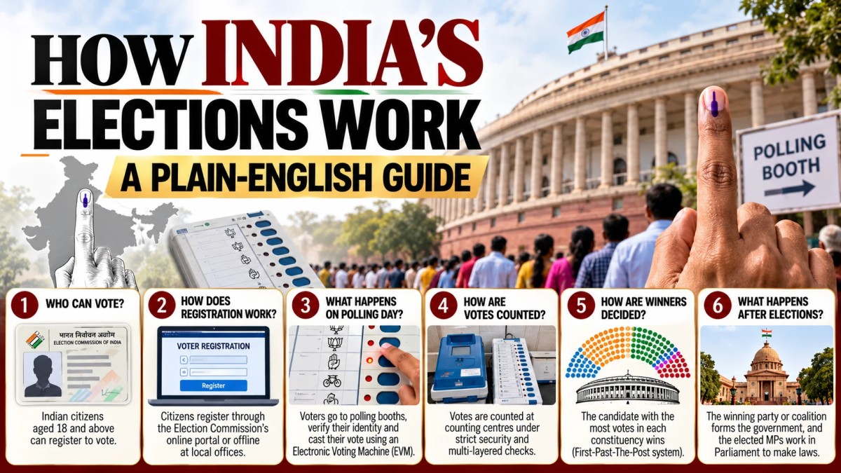 Illustration showing six steps of India's election process from voter registration to government formation
