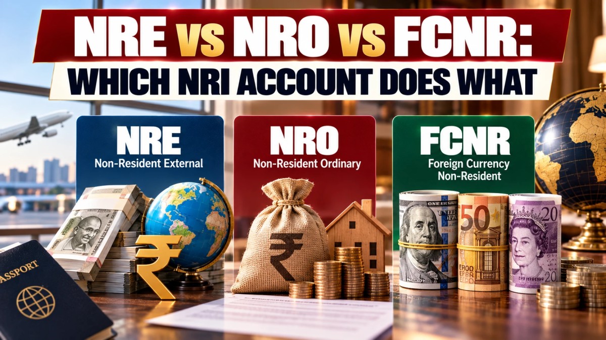 Illustration comparing NRE, NRO and FCNR accounts with rupee notes, a money bag and foreign currency