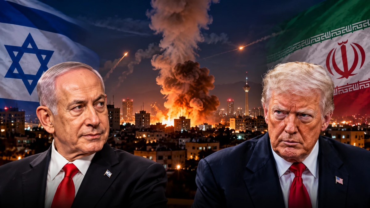 Illustration of Benjamin Netanyahu and Donald Trump with Israeli and Iranian flags and a city skyline at night