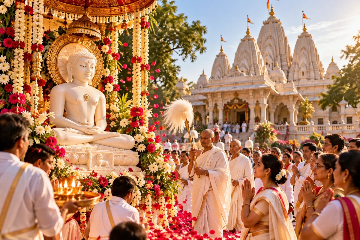 Illustration of devotees at a decorated Jain idol outside a white marble temple