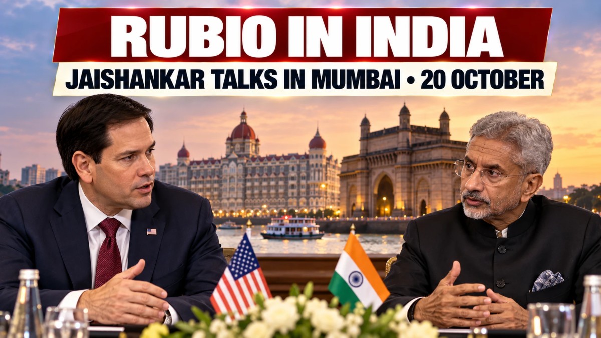 Illustration of US and Indian ministers in talks at a table in Mumbai with the Gateway of India behind