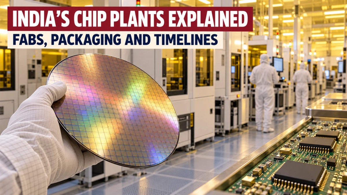 Illustration of a gloved hand holding a silicon wafer inside a semiconductor cleanroom, with a circuit board in the foreground