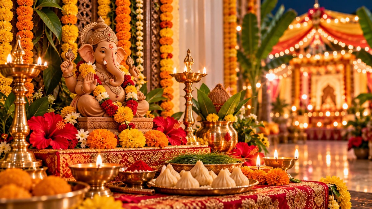 Illustration of a Ganesh idol with modaks, marigolds and brass lamps at a home altar