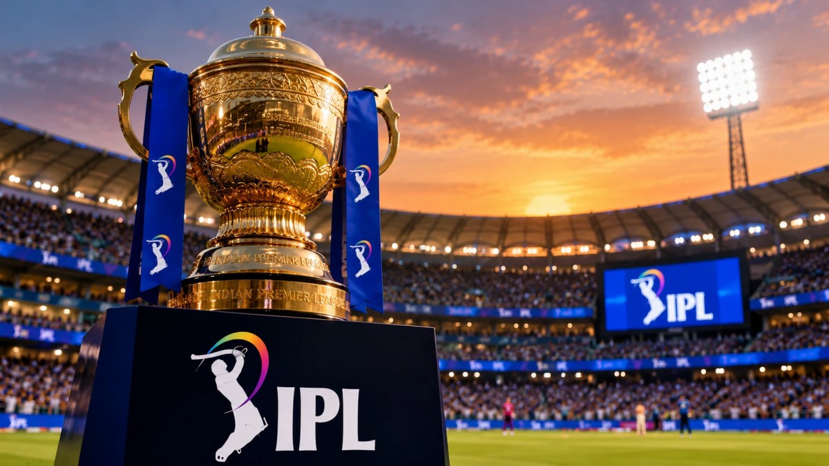 Illustration of a golden cricket trophy on a stand in a packed stadium at sunset