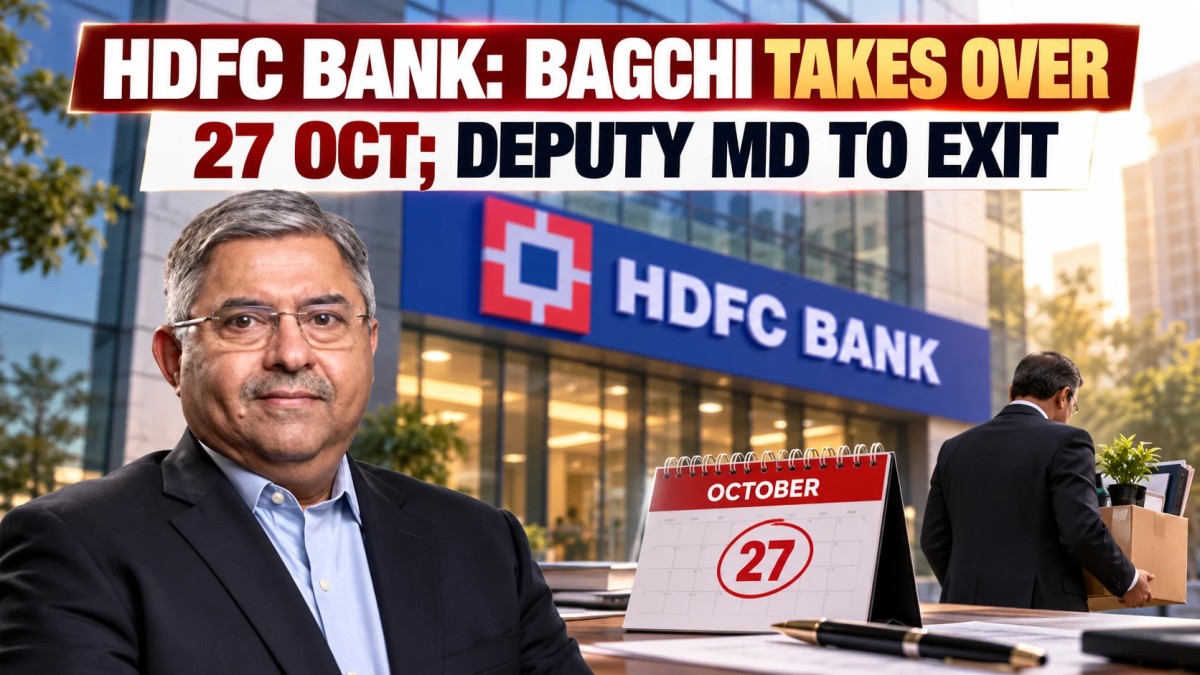 Illustration of a bank executive outside an HDFC Bank building with a calendar marking 27 October