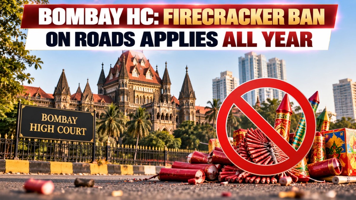 Illustration of the Bombay High Court building with firecrackers on a road under a red prohibition sign