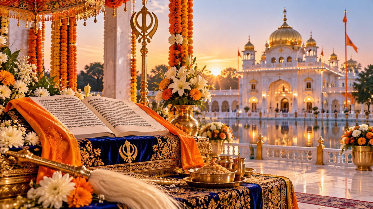 Illustration of a decorated gurdwara at sunset with flowers and karah prasad in the foreground