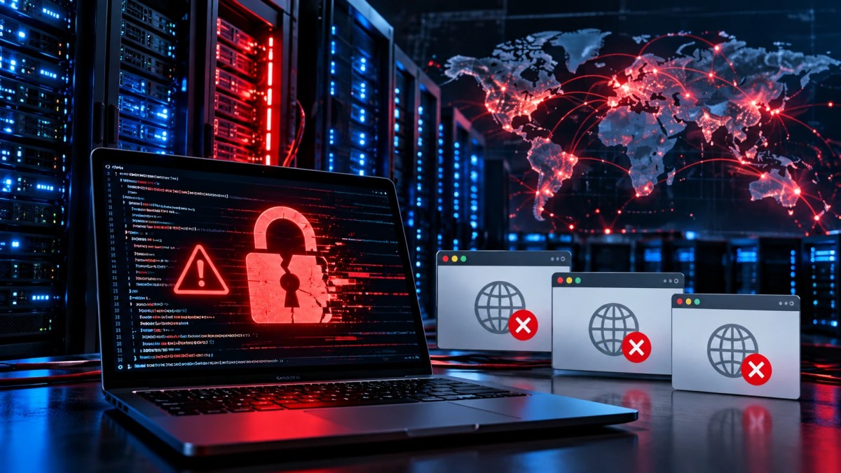 Illustration of a laptop showing a broken red padlock and warning sign in a server room, with failed website windows and a world map