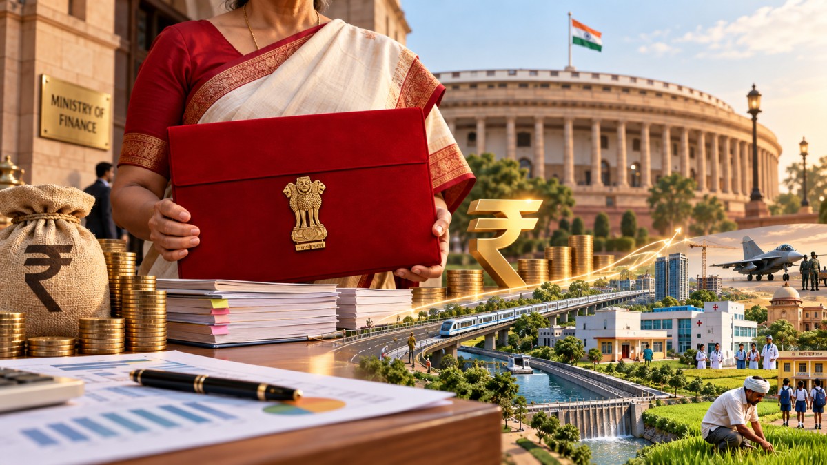 A red Budget folder held in front of Parliament, with images of rail, health and farm spending.