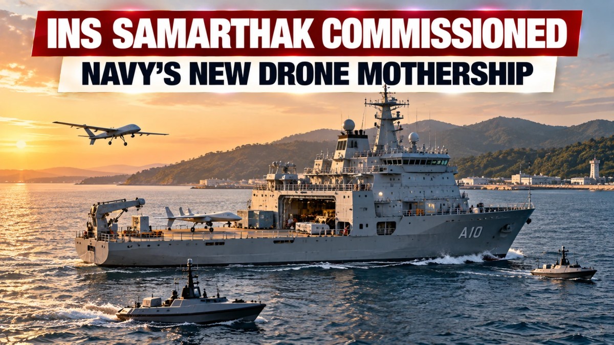 Illustration of a naval drone mothership at sea with a drone overhead and two unmanned boats alongside